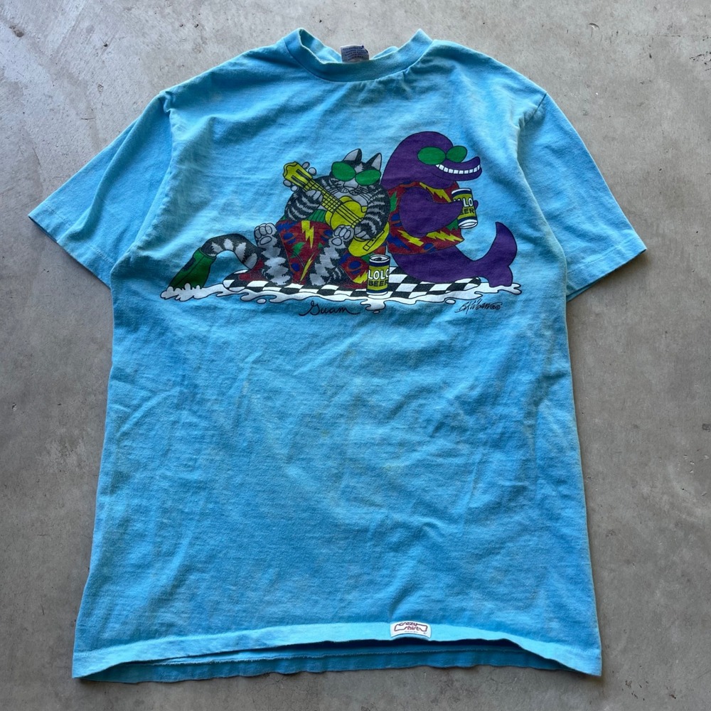 Vintage Crazy Shirt B Kliban‎ Cat Guam Maui Blue Graphic Tee Mens L Beer Surf